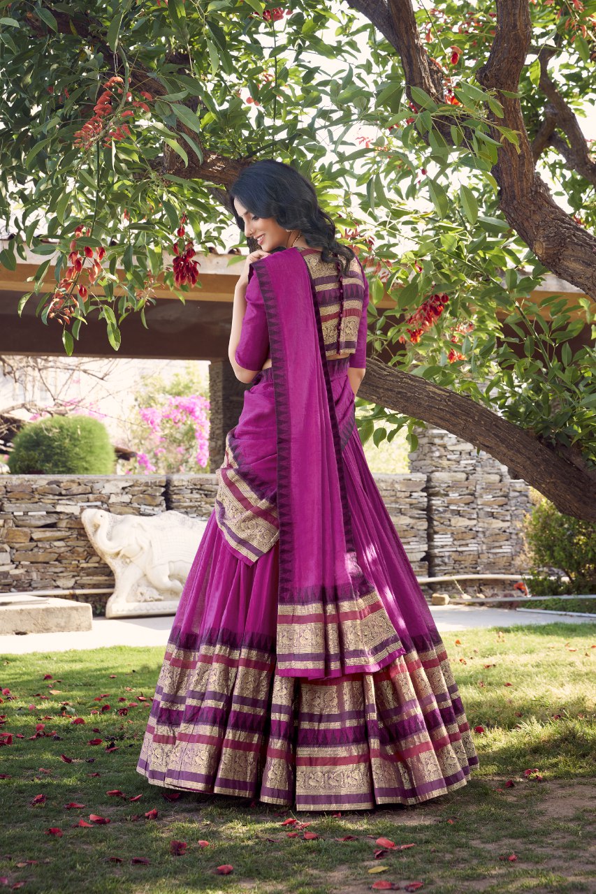 Pink pure chanderi lehenga choli with zari weaving work and dupatta