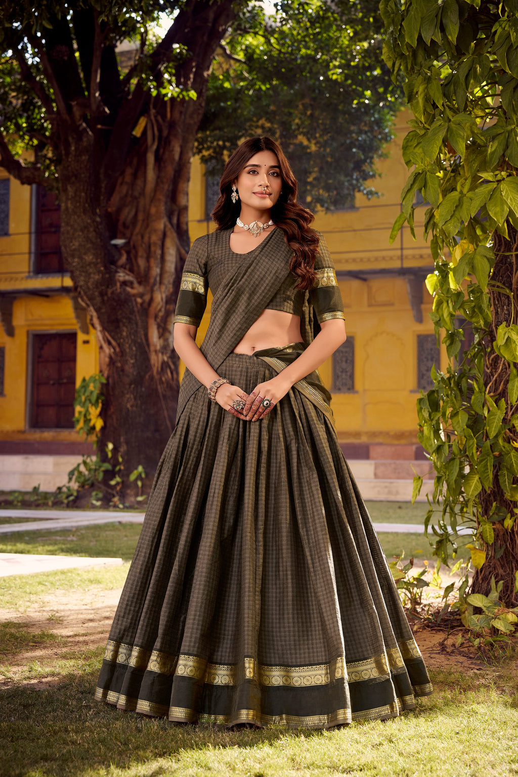 Rimi grey Chettinad cotton chex half saree lehenga with zari weaving work