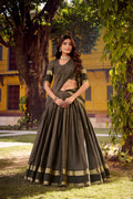 Rimi grey Chettinad cotton chex half saree lehenga with zari weaving work