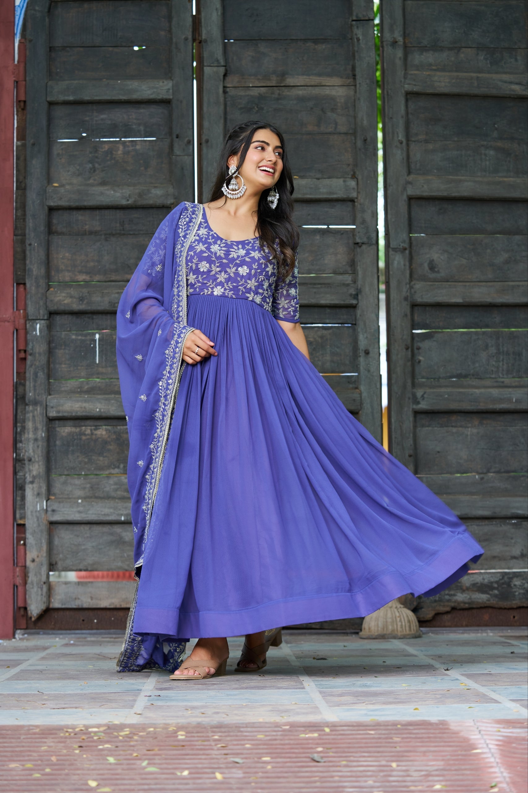 Rahi lavender faux blooming gown with sequins beads embroidery and dupatta