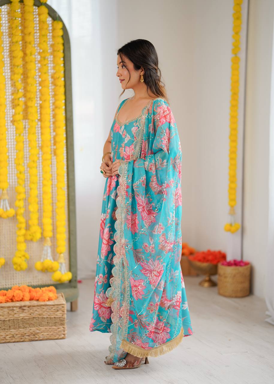 Multicolor chinon embellished kali lace work lehenga choli with dupatta