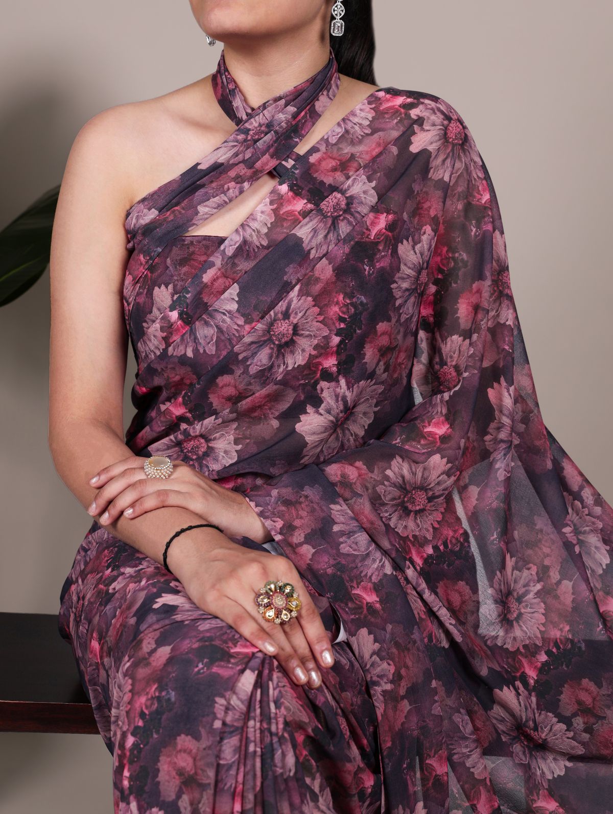 Onion pink weightless marble floral print saree with unstitched blouse