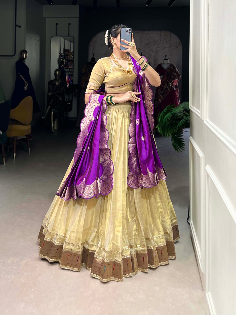 Cream silk lehenga choli with Paithani lace border and jacquard zari dupatta