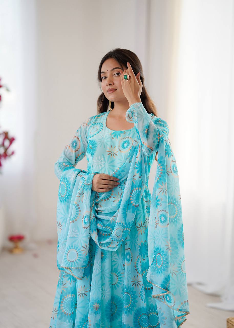 Sky blue georgette floral printed Anarkali suit for women