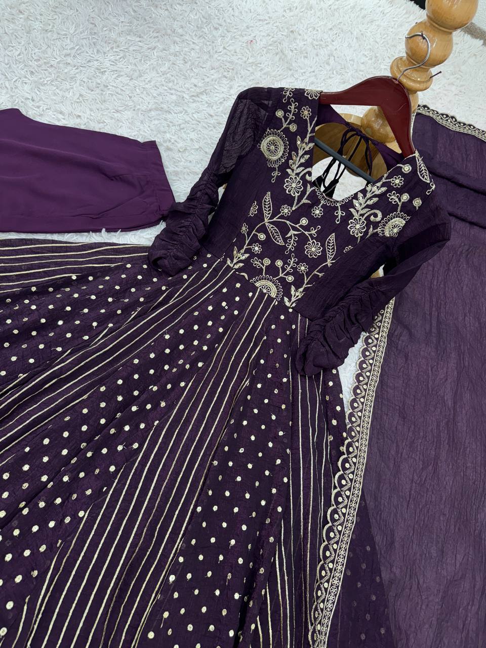 Purple traditional silk Anarkali suit set for women