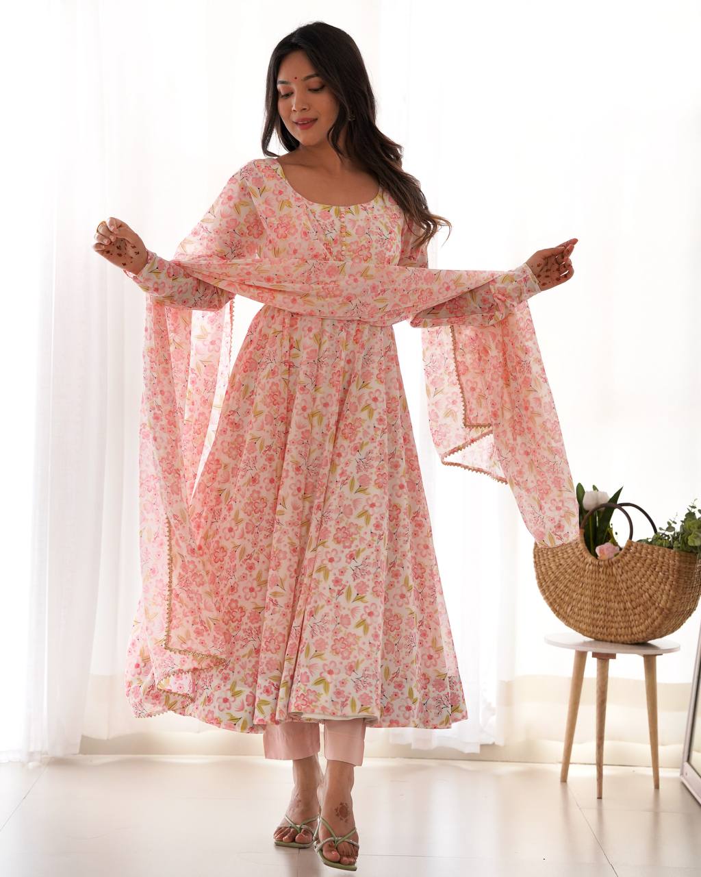 Pink orange chiffon floral Anarkali suit for wedding functions