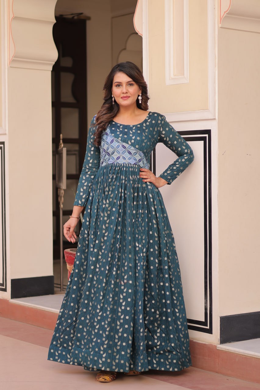 Rama color printed Vani choli flared designer gown