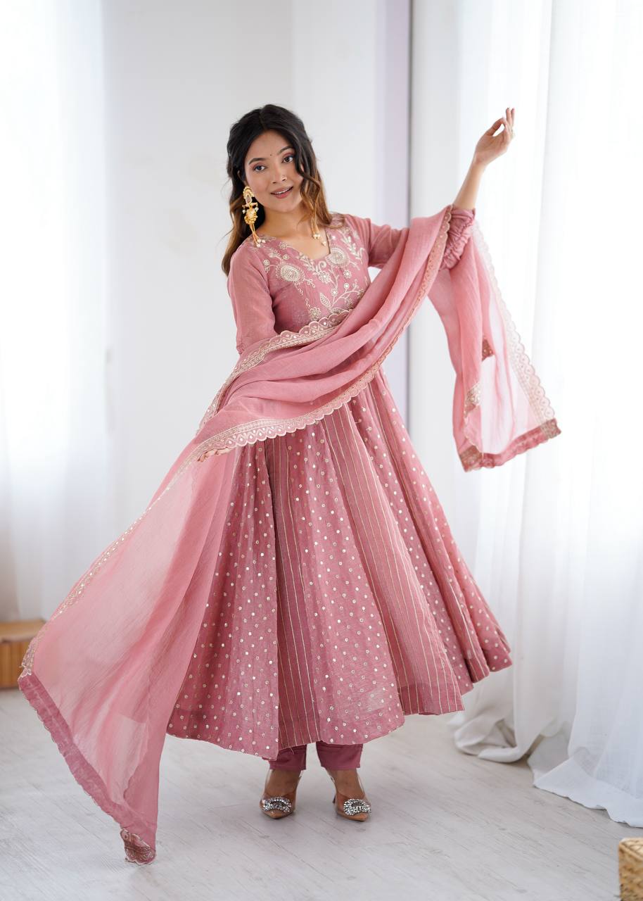 Peach festive wear embroidered Anarkali suit for women