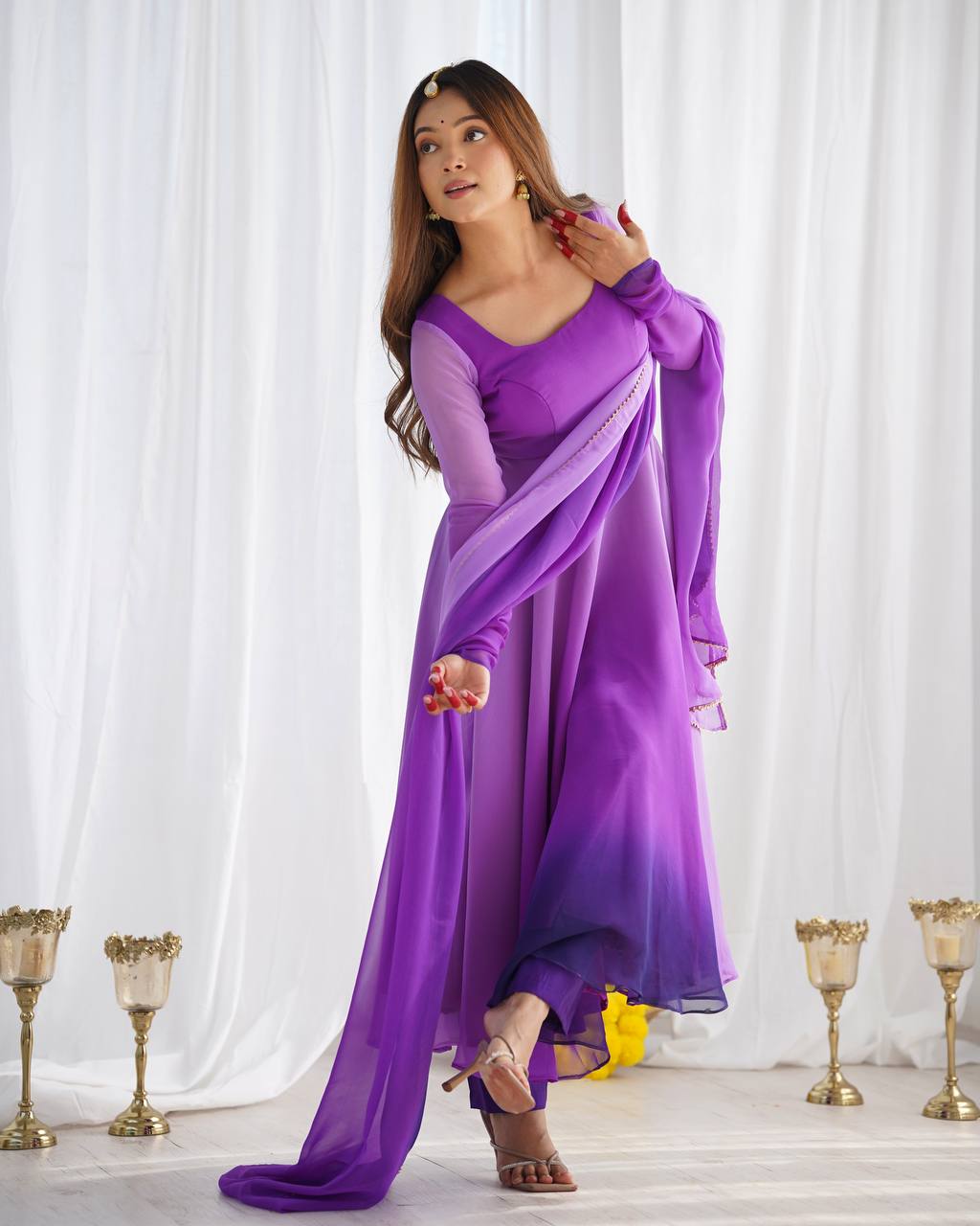 Purple georgette Anarkali gown with dupatta, printed flair gown set, party wear Anarkali set for women—fully stitched festive Trinaari outfit.