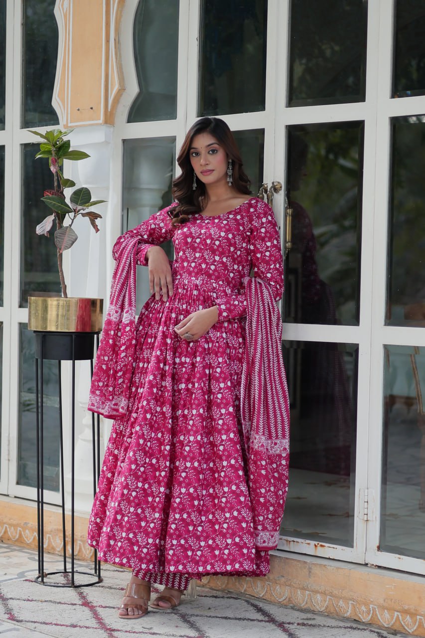Pink cotton Mahi designer Anarkali suit with dupatta