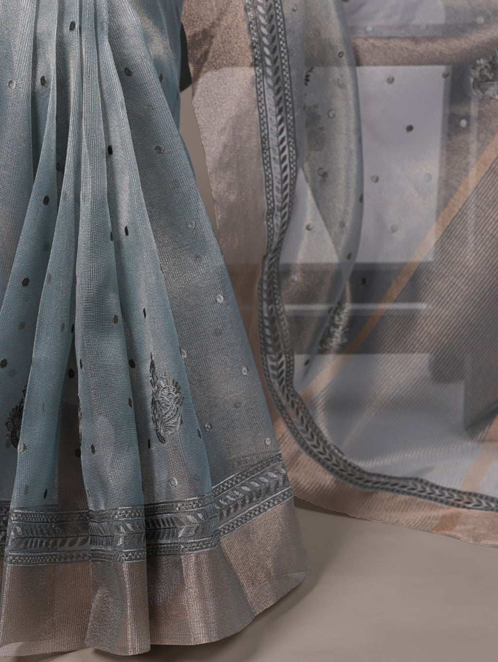 Sky blue poly shimmer thread embroidered saree with unstitched blouse