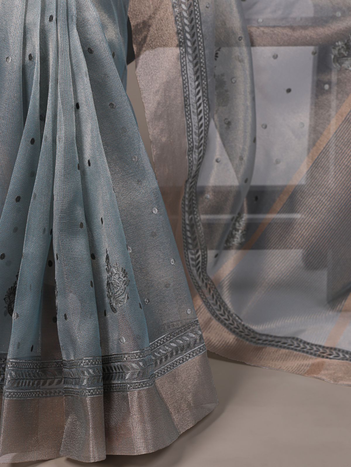 Sky blue poly shimmer thread embroidered saree with unstitched blouse