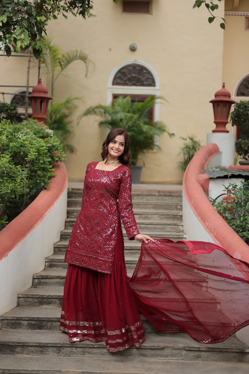 Maroon georgette embroidered Lavya designer sharara suit