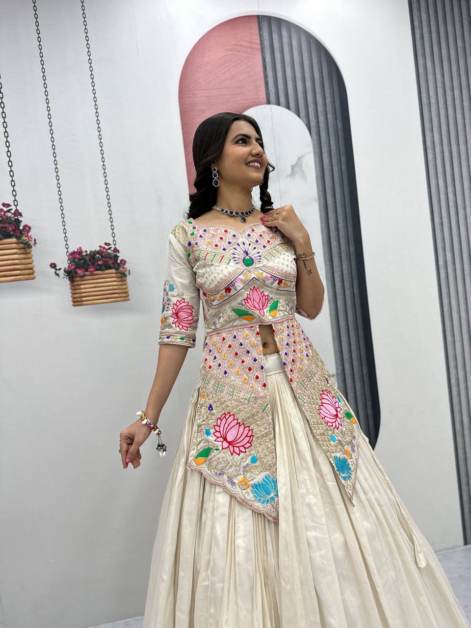 Neerja off-white Cosmos silk crop top lehenga choli with embroidery and sequins work