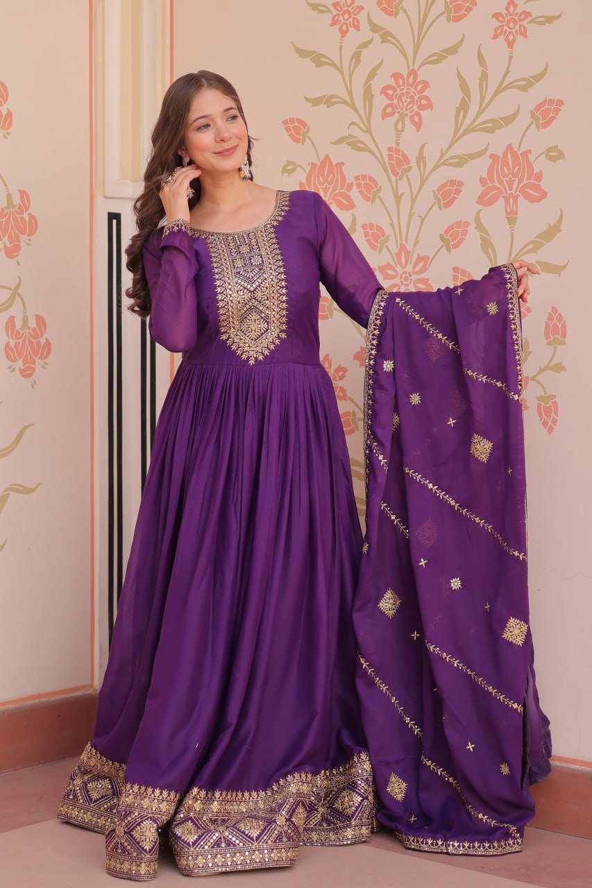 Purple star georgette zari sequins embroidered gown with dupatta