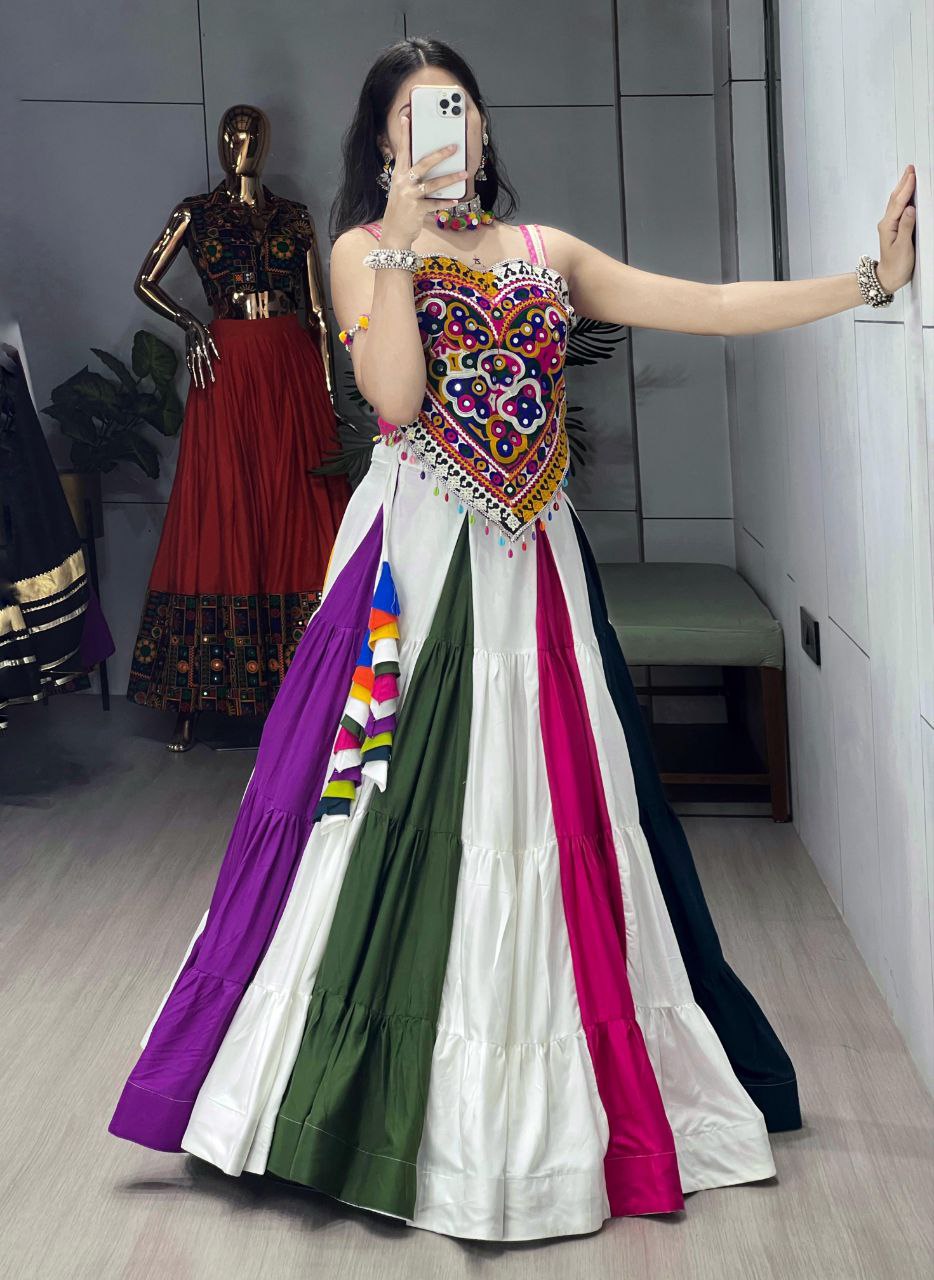 Multicolor rayon cotton frill Kutchi mirror work lehenga with blouse