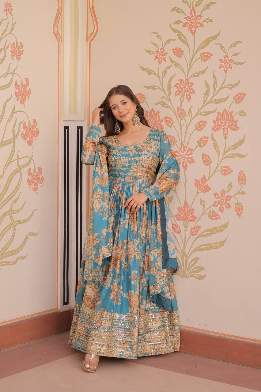 Teal blue Russian silk printed gown with embroidered sequins work and dupatta