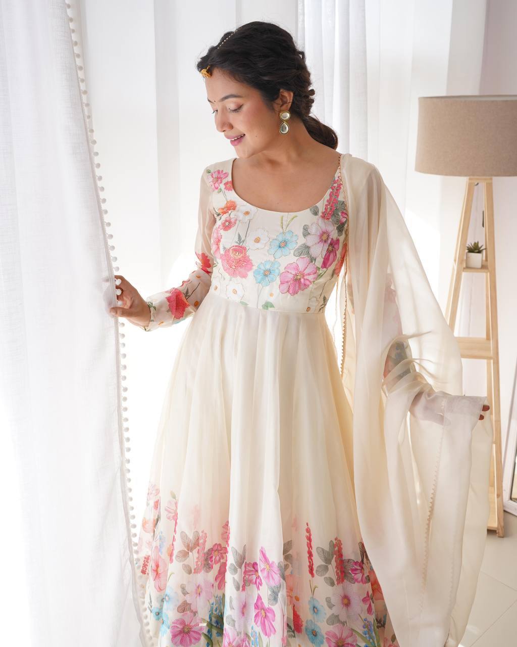 Darshika white organza floral printed Anarkali suit set