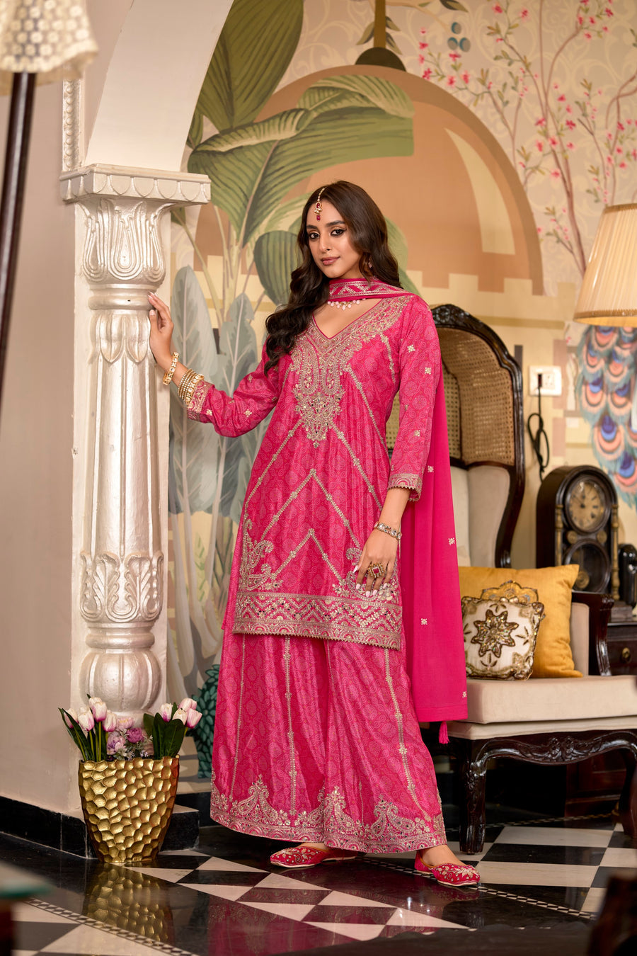 Meera chinon silk embroidered designer kurti sharara set