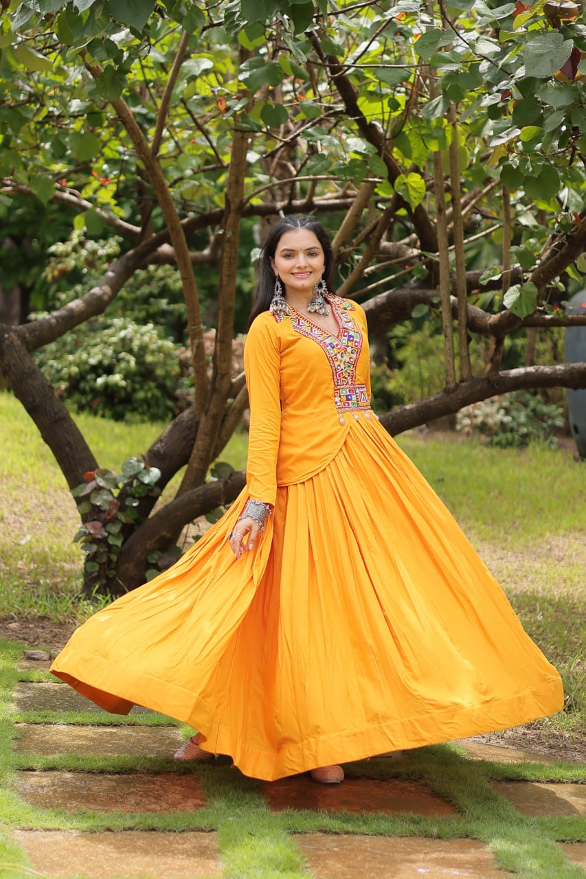 Yellow rayon Kutchi Gamthi embroidered Misty Navratri gown