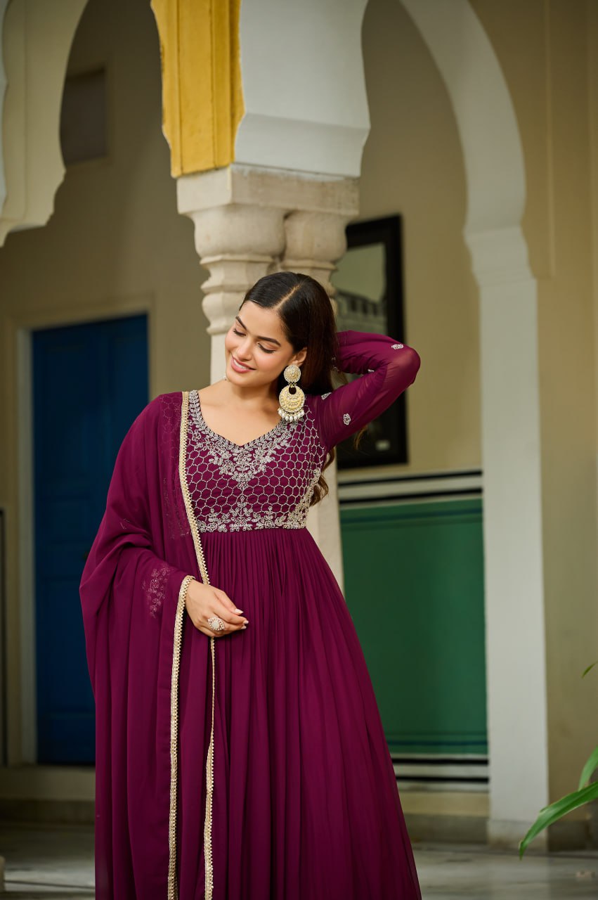 Wine faux blooming beads embroidered gown with dupatta