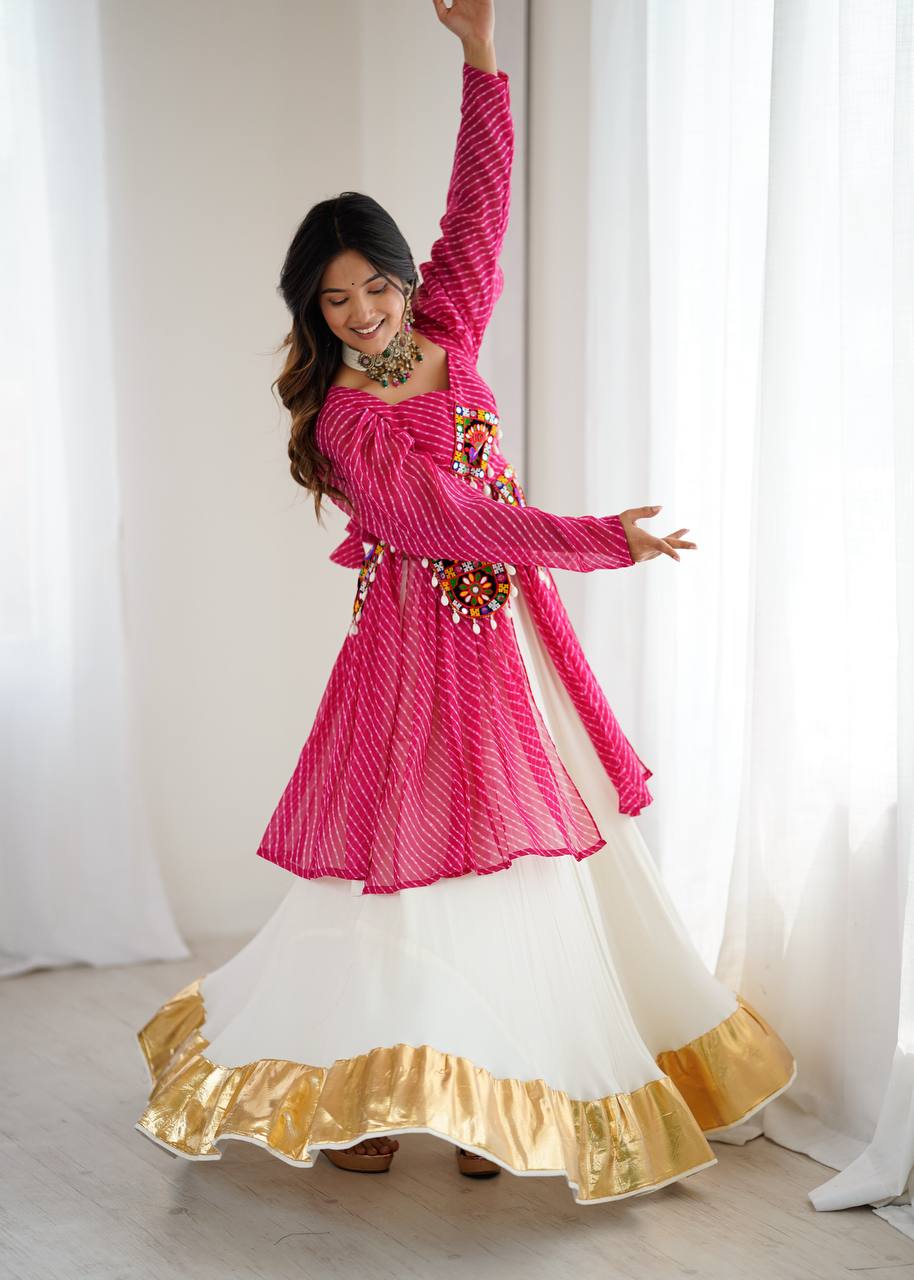 Pink georgette top with digital print and thread work butter silk Gota Patti lehenga