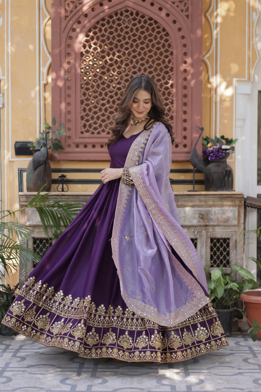 Purple star georgette embroidered zari sequins work gown with dupatta