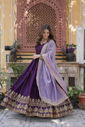 Purple star georgette embroidered zari sequins work gown with dupatta