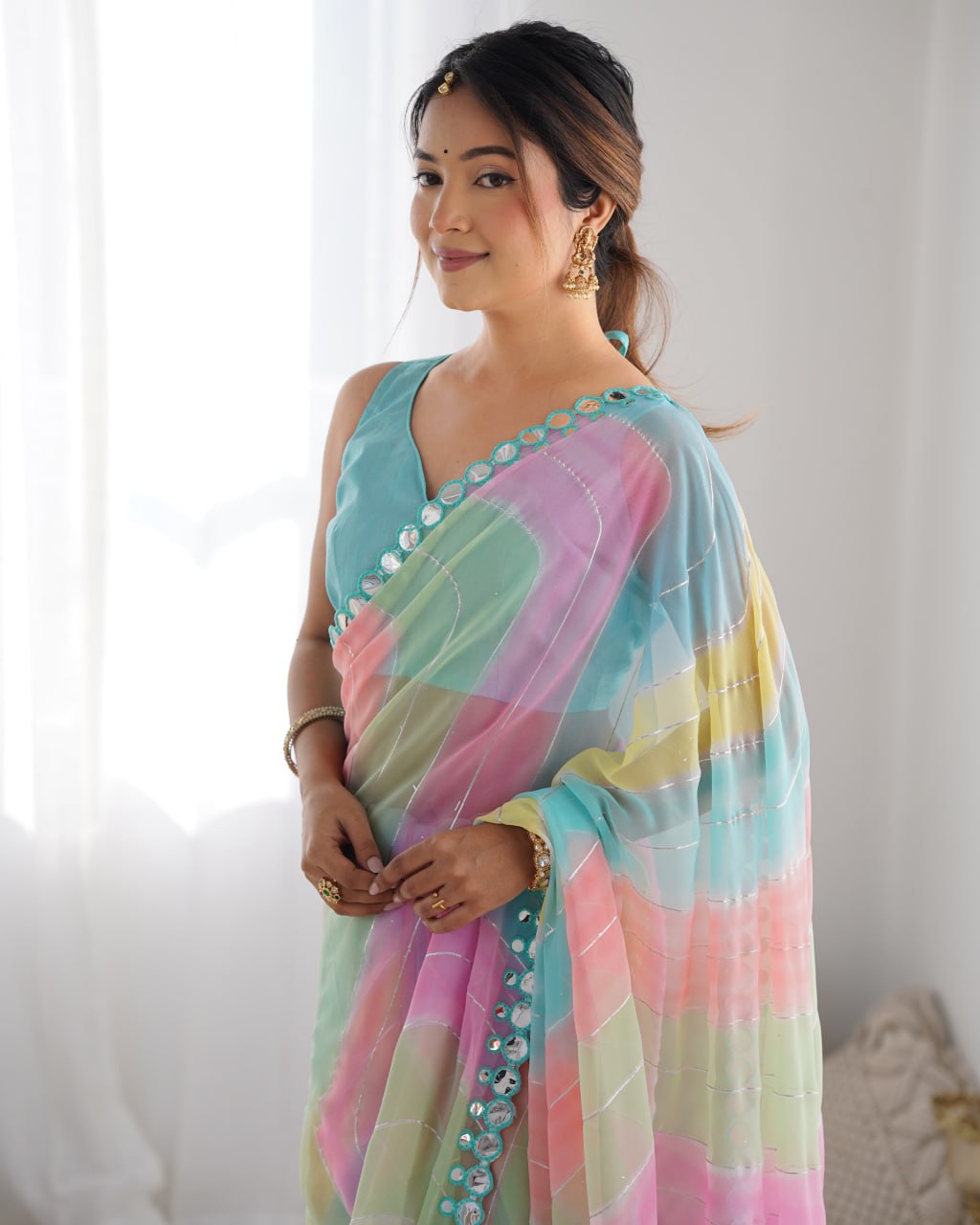 Multicolor georgette mirror work Isha designer saree