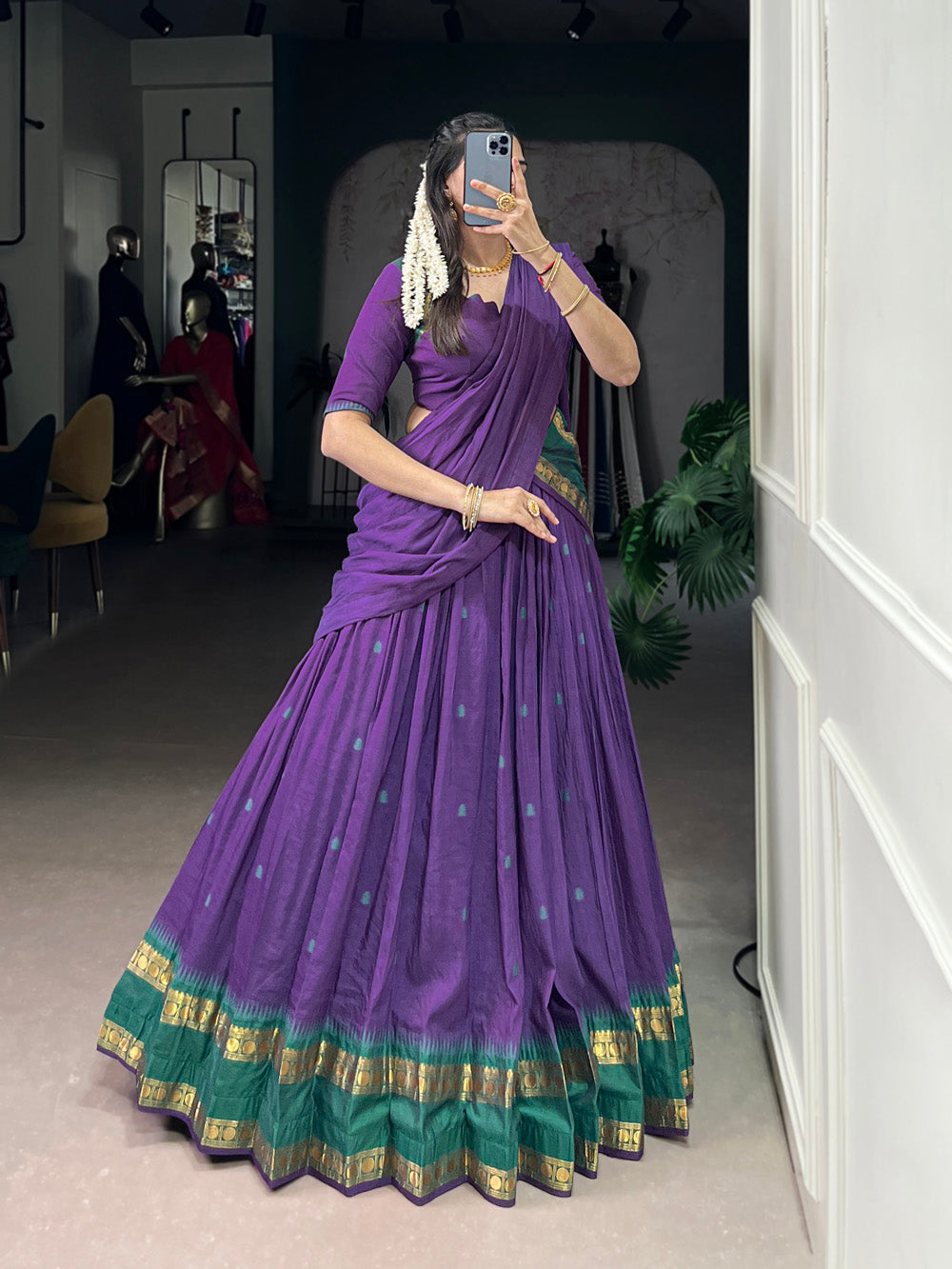 Purple Chanderi zari weaving work half-saree lehenga