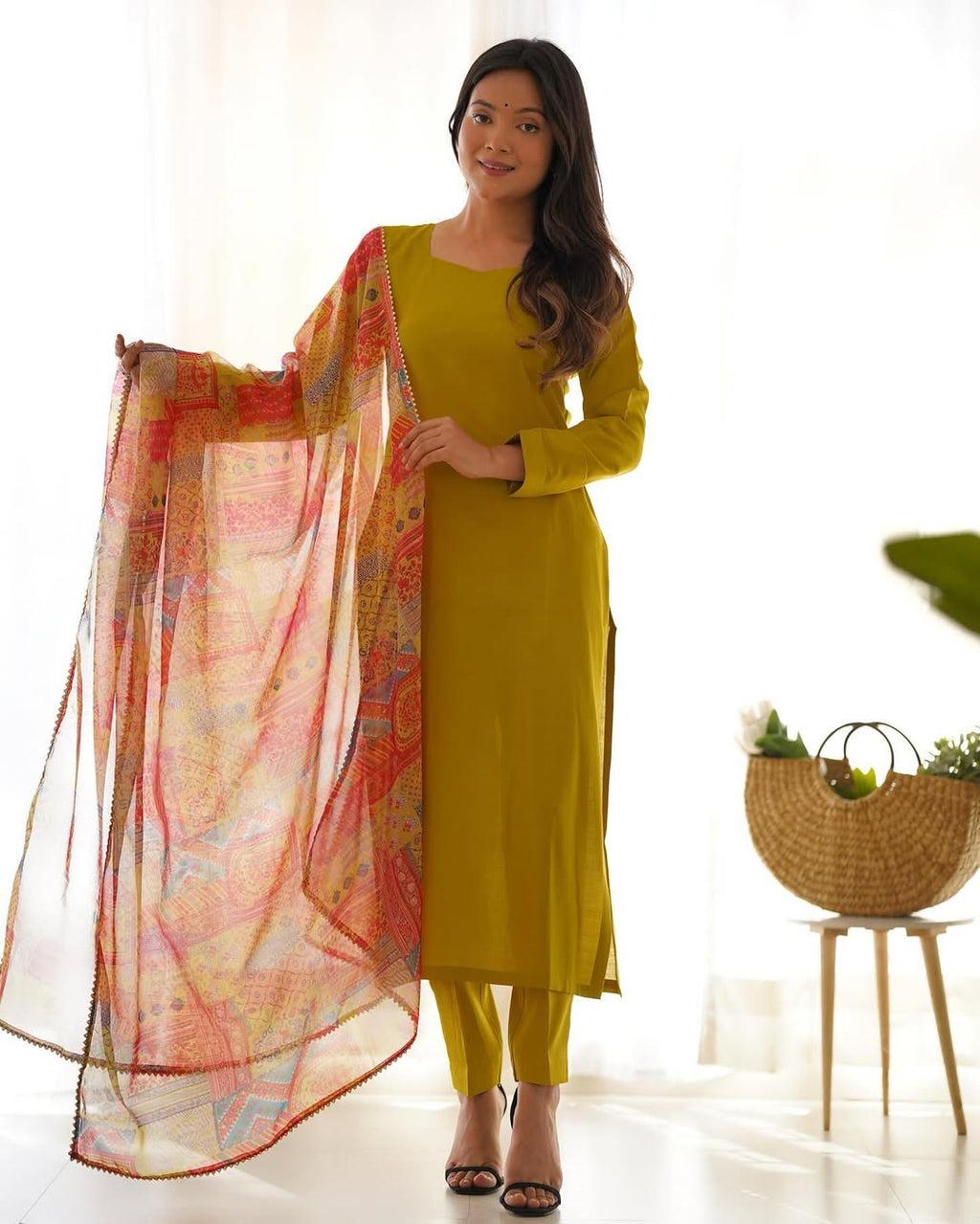 Vedanya yellow viscose straight kurti set