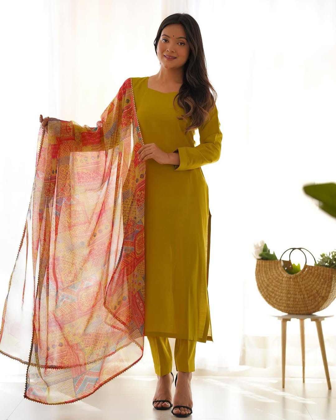 Vedanya yellow viscose straight kurti set