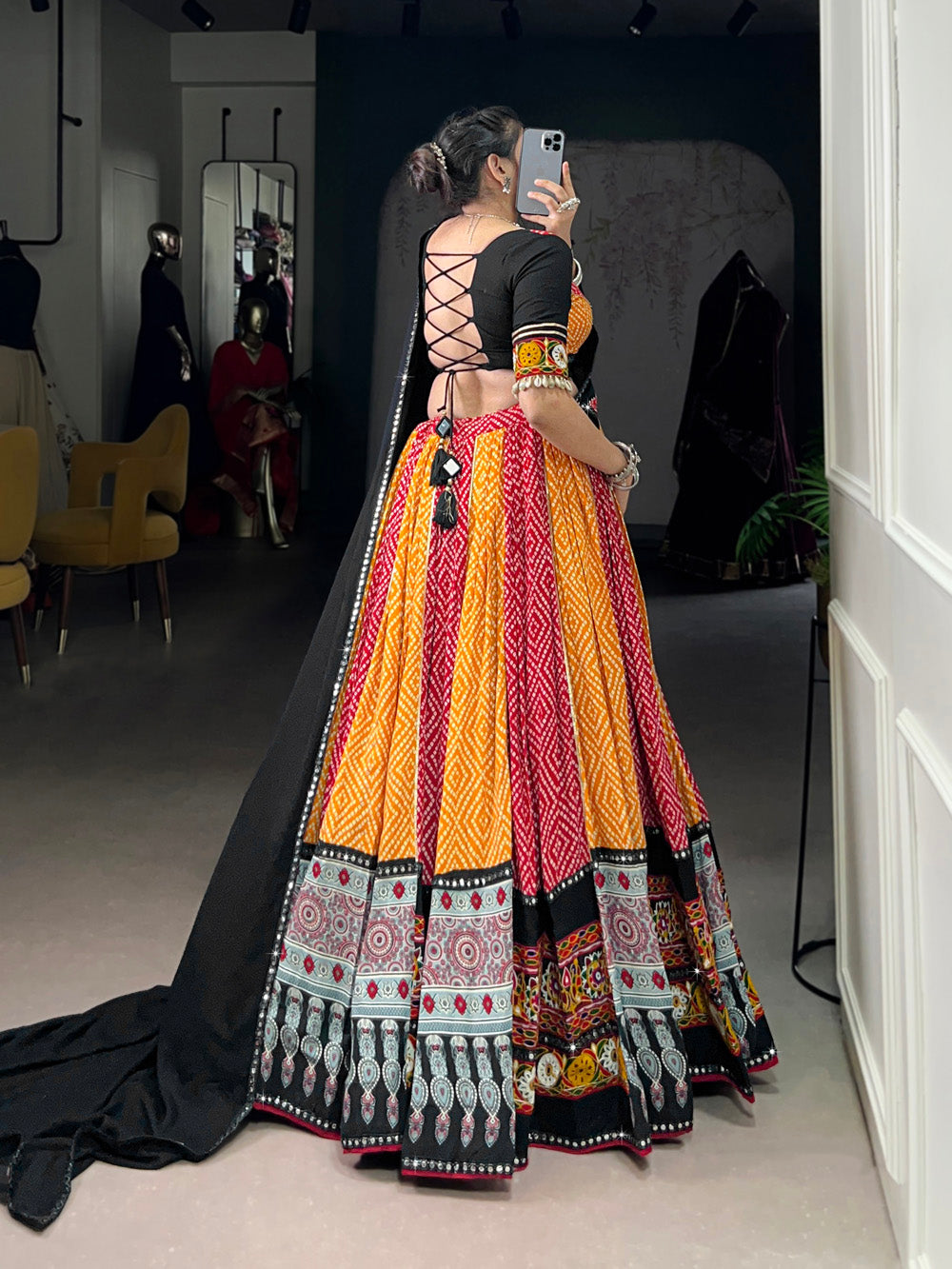 Black yellow pure rayon Bandhej Ajrakh Gamthi mirror work lehenga choli