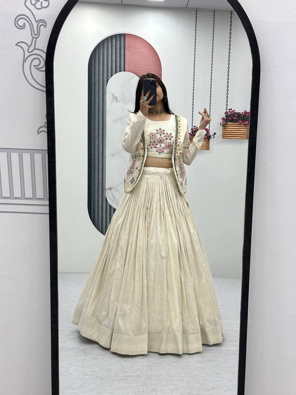 Off white tissue shimmer lehenga choli with handwork real diamond work and jacket