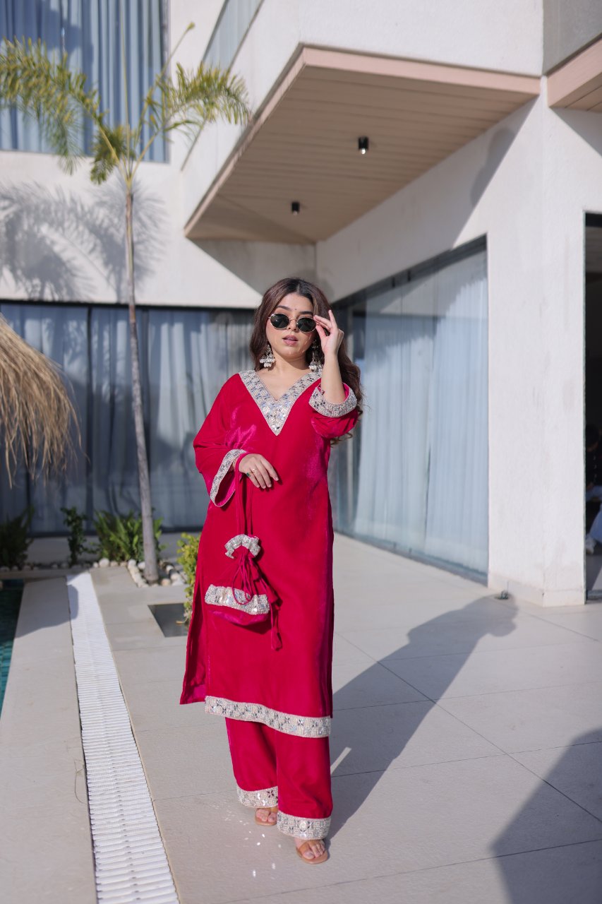 Elvya rani pink velvet kurti set with zari embroidered mirror work
