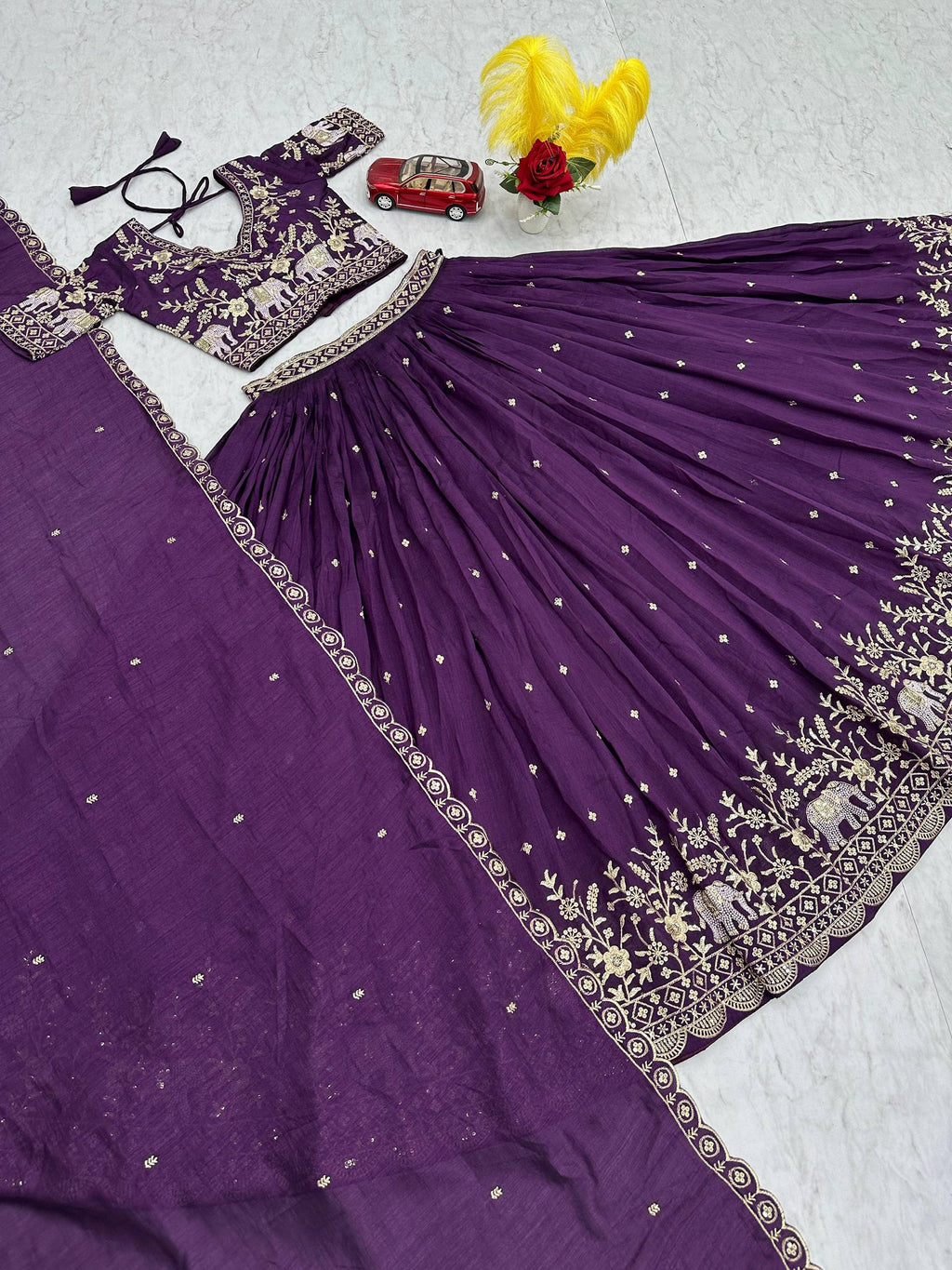 Gopi deep purple Vichitra silk lehenga choli with embroidery sequins thread work