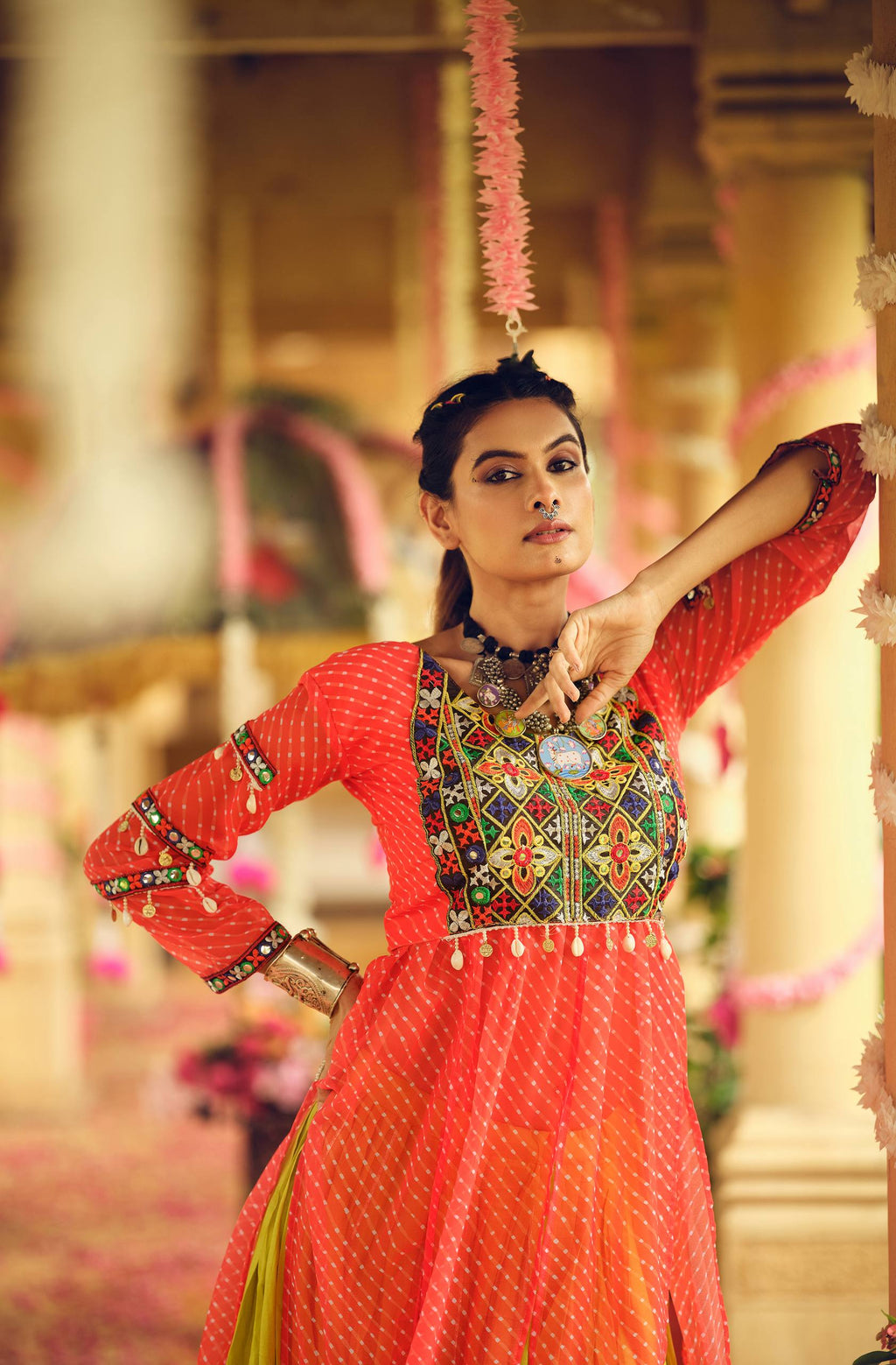 Orange pure rayon canvas patta embroidered mirror work lehenga choli
