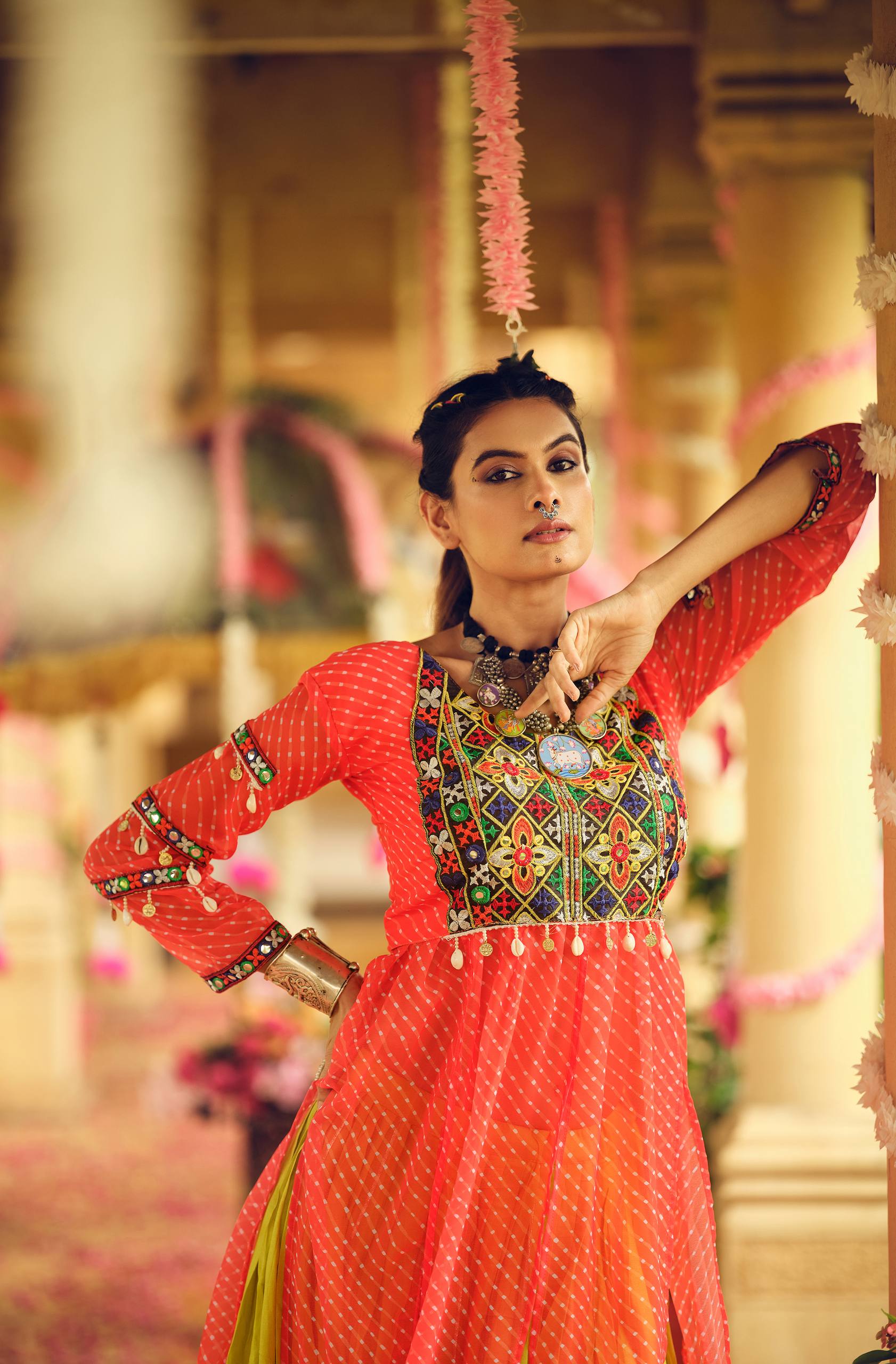 Orange pure rayon canvas patta embroidered mirror work lehenga choli
