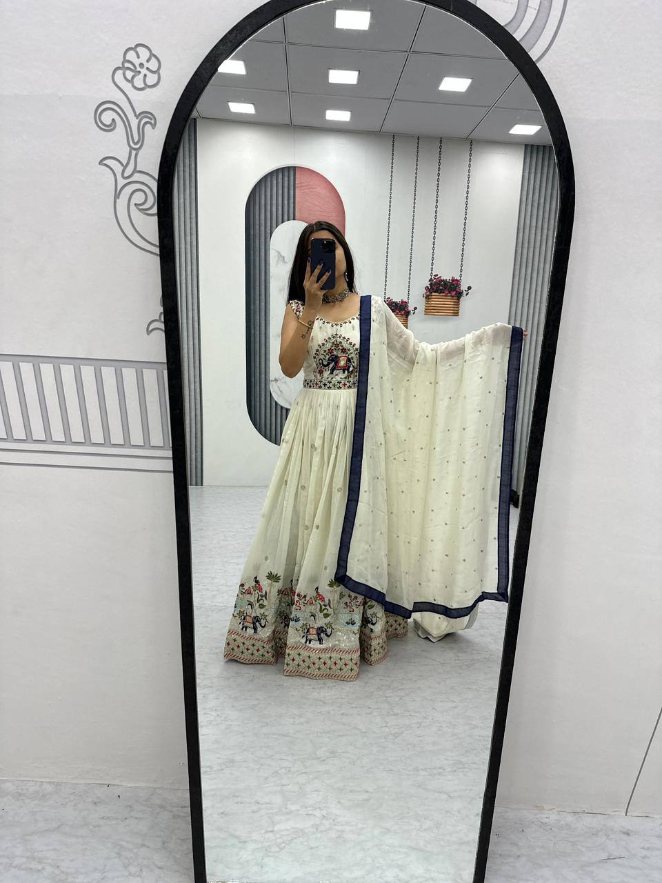 Off-white chinon embroidered designer gown with dupatta