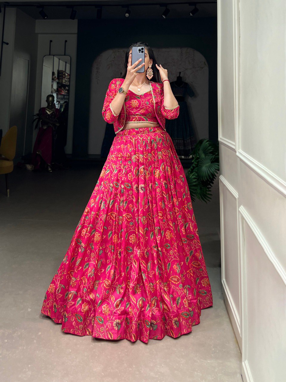 Pink Tasar silk floral print lehenga with blouse and koti