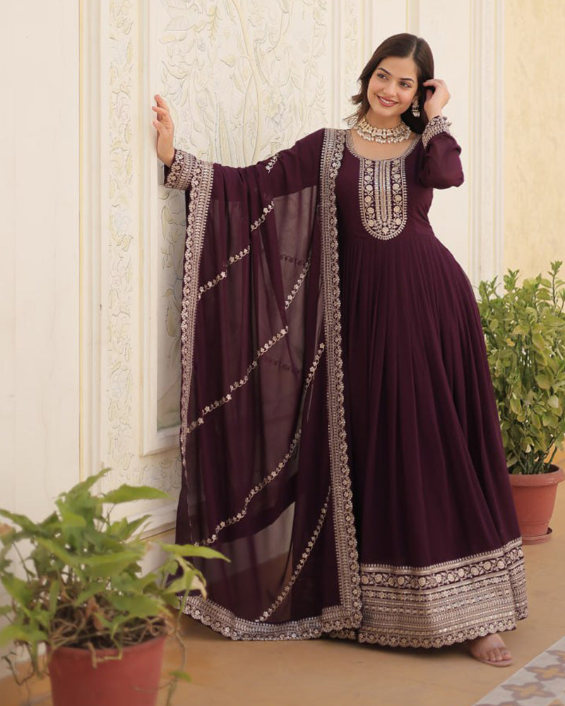 Vasundhara faux blooming wine anarkali gown suit set