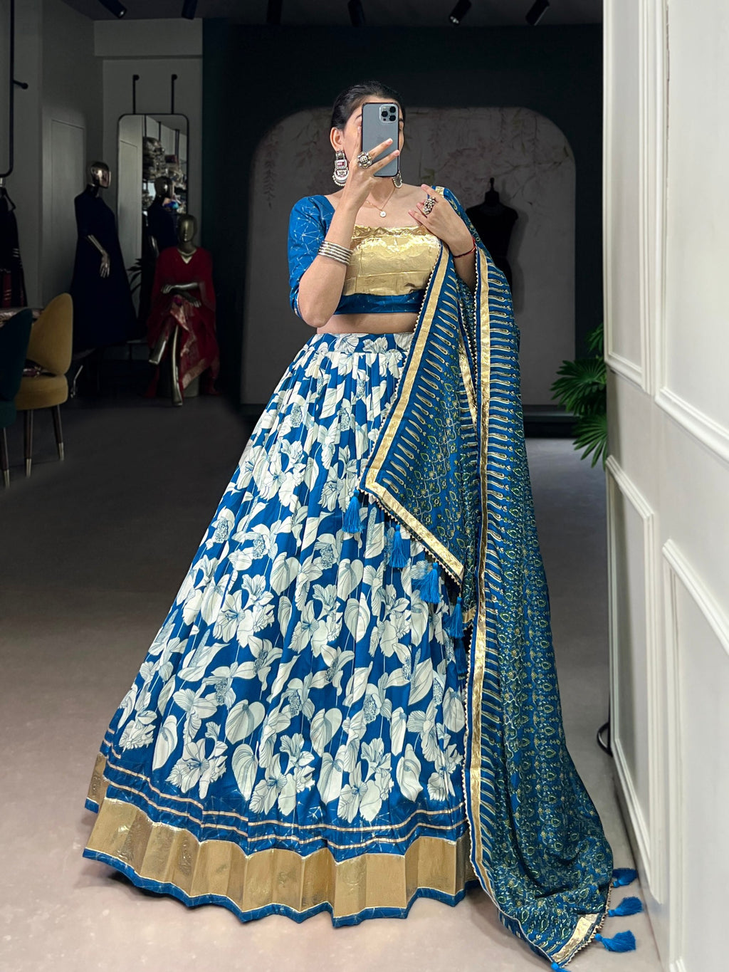 Blue Tasar silk foil print embossed lace work lehenga choli with dupatta