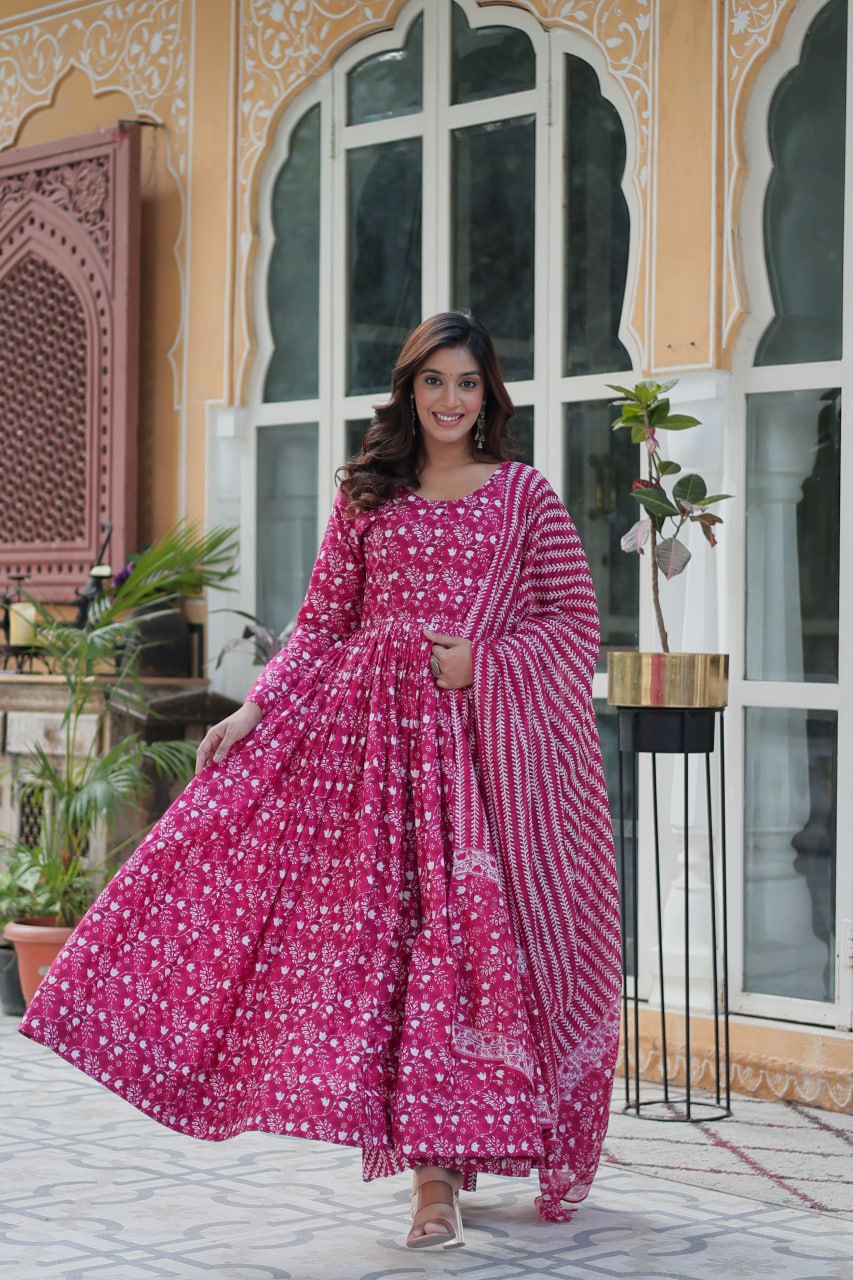 Pink cotton Mahi designer Anarkali suit with dupatta
