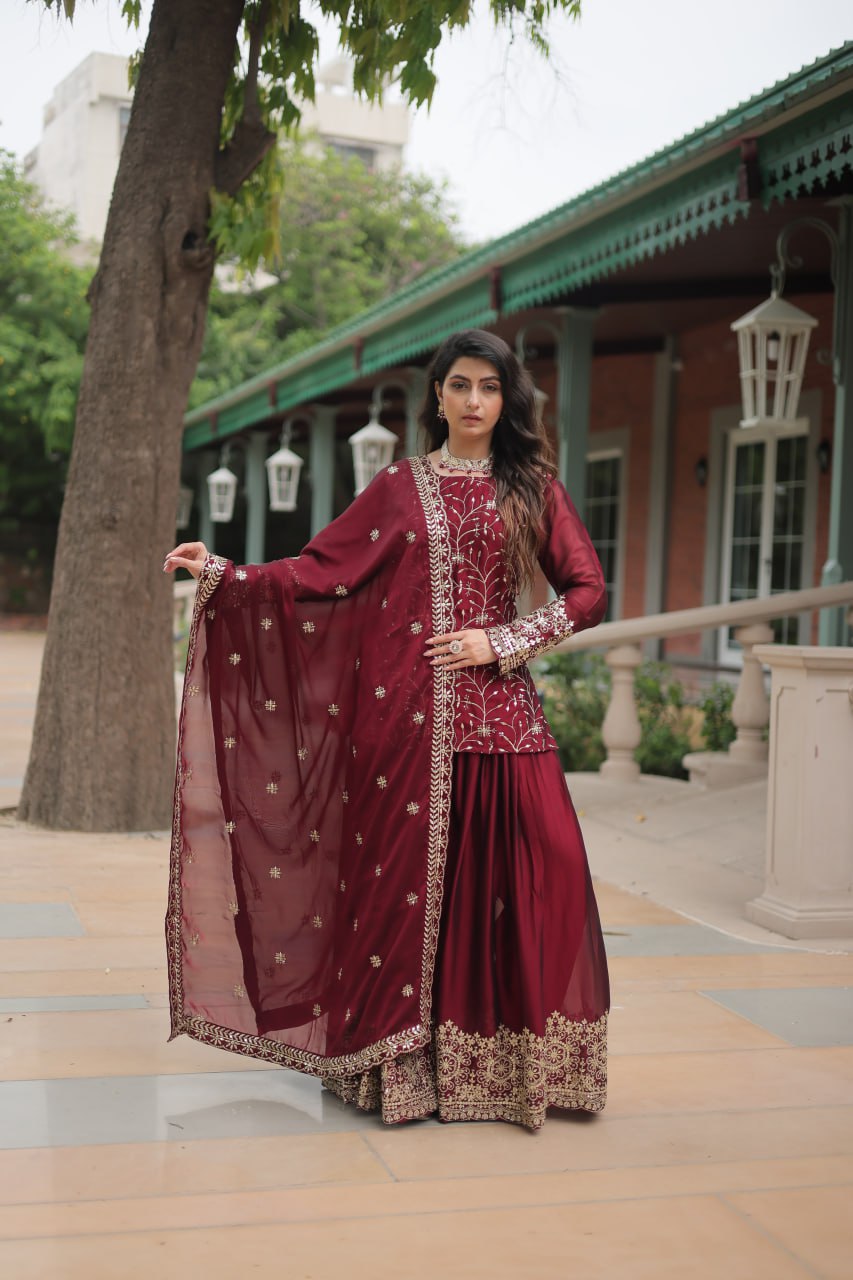 Maroon Rangoli silk embroidered Hitanshi designer kurti palazzo suit