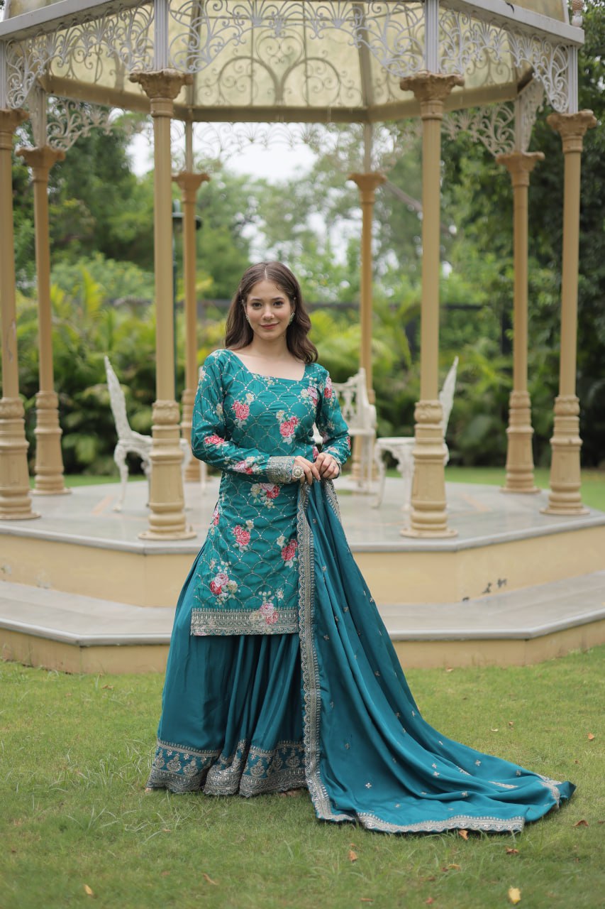 Teal chinon embroidered Medhasvi designer sharara suit