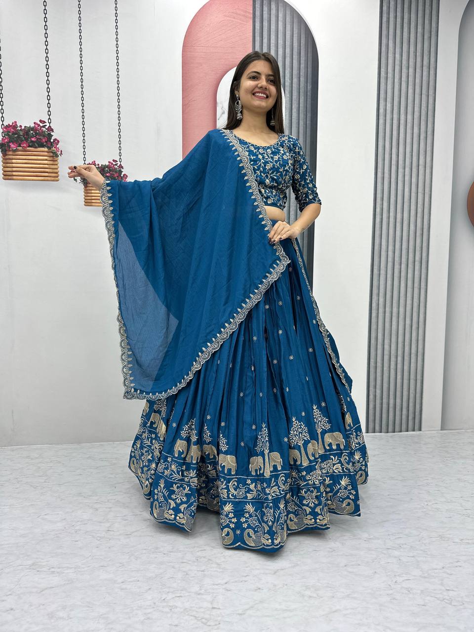 Kanupriya blue chinon embroidered lehenga choli set