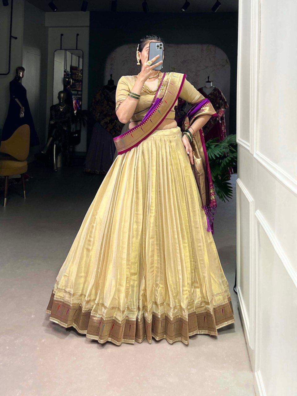 Cream silk lehenga choli with Paithani lace border and jacquard zari dupatta