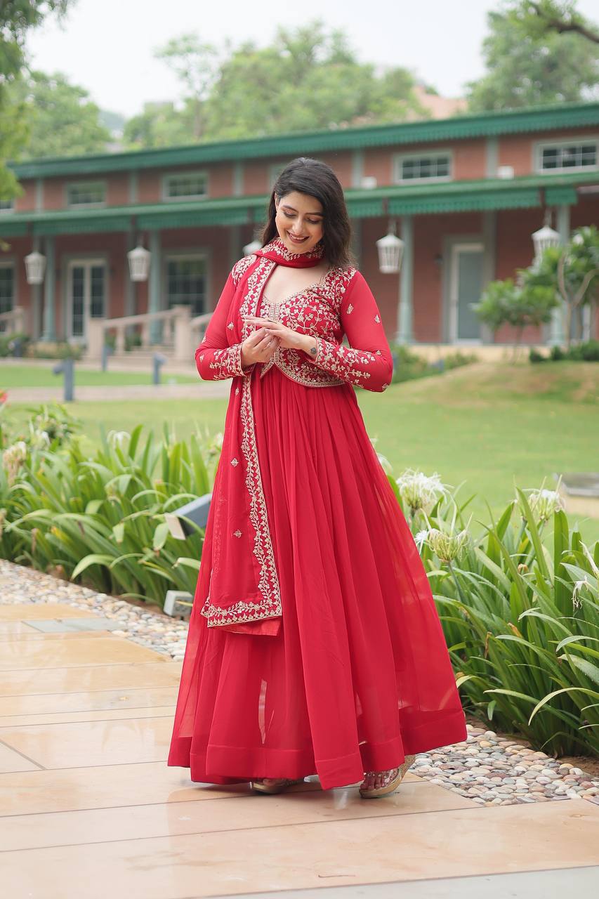 Red georgette embroidered Parthavi designer Anarkali gown