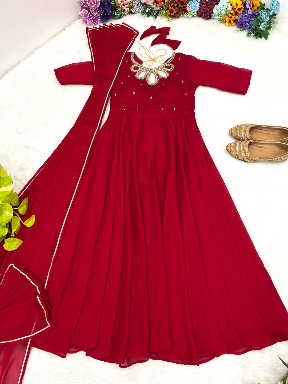 Samiksha red georgette embroidered Anarkali gown set
