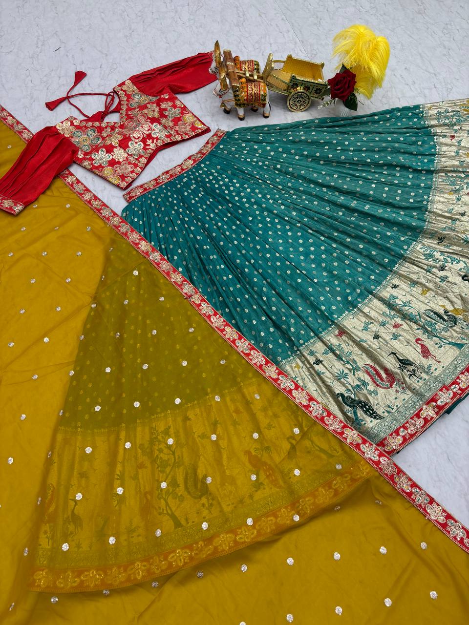 Multicolour silk lehenga choli set with heavy embroidery, sequin, and cording work; includes stitched shimmer lehenga, fully stitched mono silk choli, and embroidered georgette dupatta – perfect for weddings and festive occasions